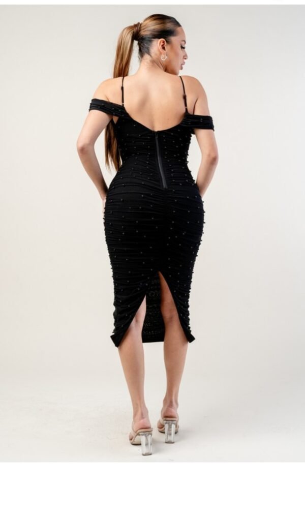 Luxe Pearl Mesh Color Shoulder Ruched Midi Dress