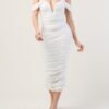 Luxe Pearl Mesh Color Shoulder Ruched Midi Dress