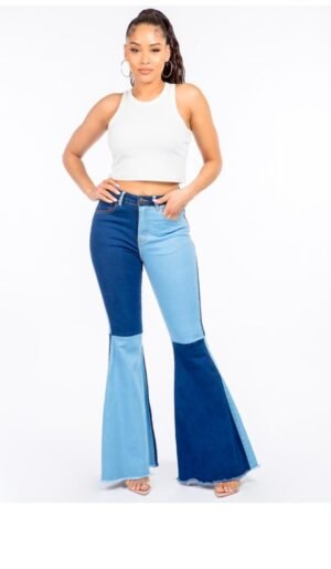 Plus Size Denim Color Block Flare Jeans