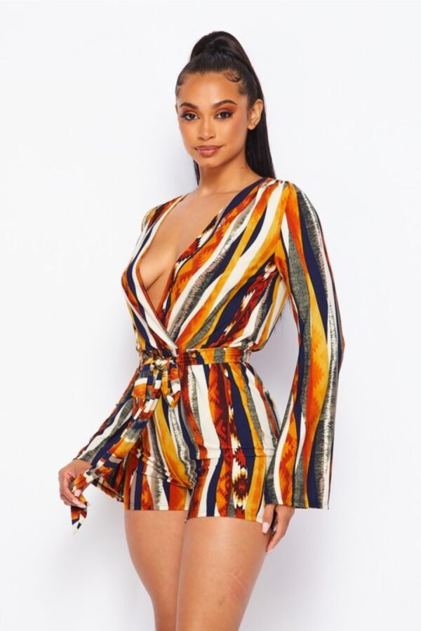 Long Sleeved Printed Romper With Self Belt