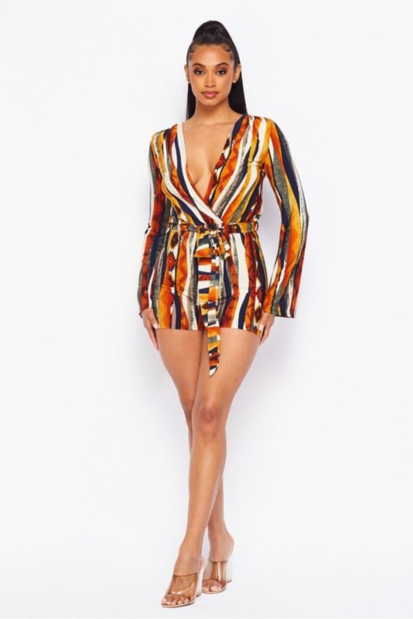 Long Sleeved Printed Romper With Self Belt