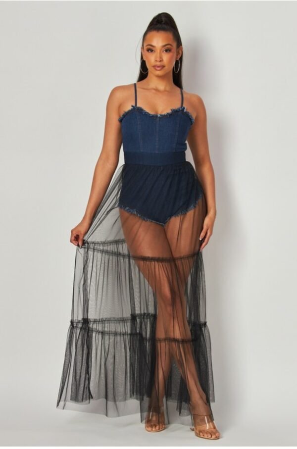 Denim Bodysuit With Mesh Skirt