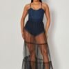 Denim Bodysuit With Mesh Skirt