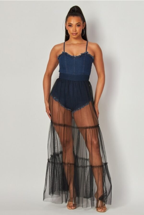 Denim Bodysuit With Mesh Skirt