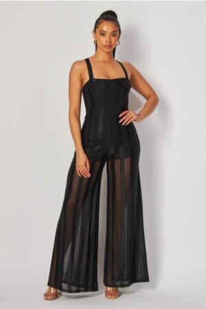 Sleeveless Stripe Mesh Jumpsuit