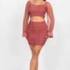 Shirring Mesh Long Sleeves Top & Skirts Set