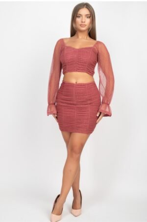 Shirring Mesh Long Sleeves Top & Skirts Set