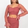 Shirring Mesh Long Sleeves Top & Skirts Set