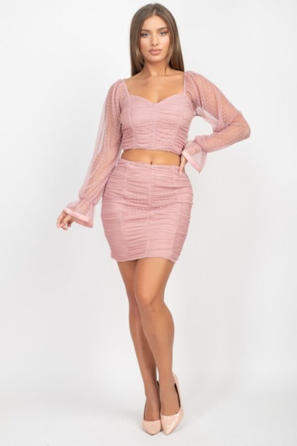 Shirring Mesh Long Sleeves Top & Skirts Set