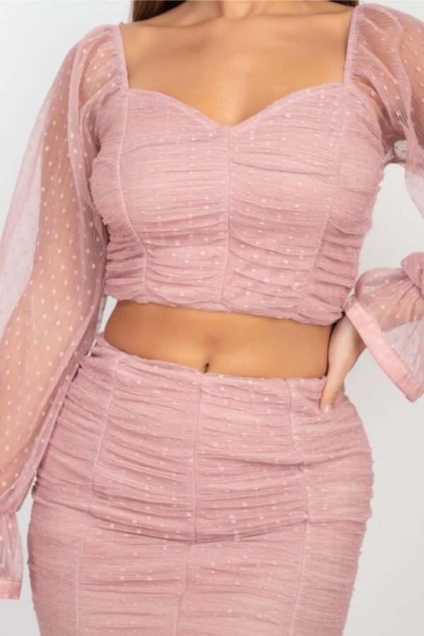 Shirring Mesh Long Sleeves Top & Skirts Set