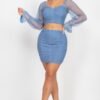 Shirring Mesh Long Sleeves Top & Skirts Set