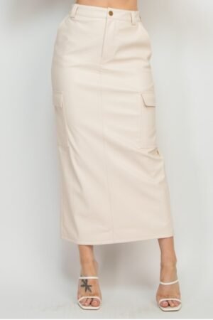 Faux Leather Long Cargo Skirt