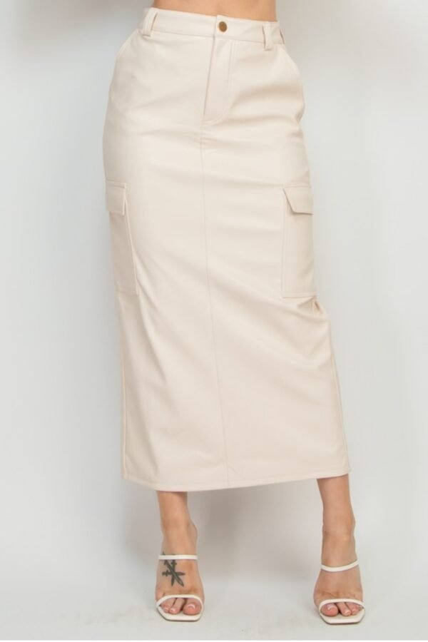 Faux Leather Long Cargo Skirt