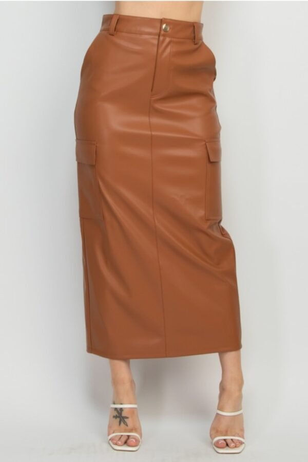 Faux Leather Long Cargo Skirt