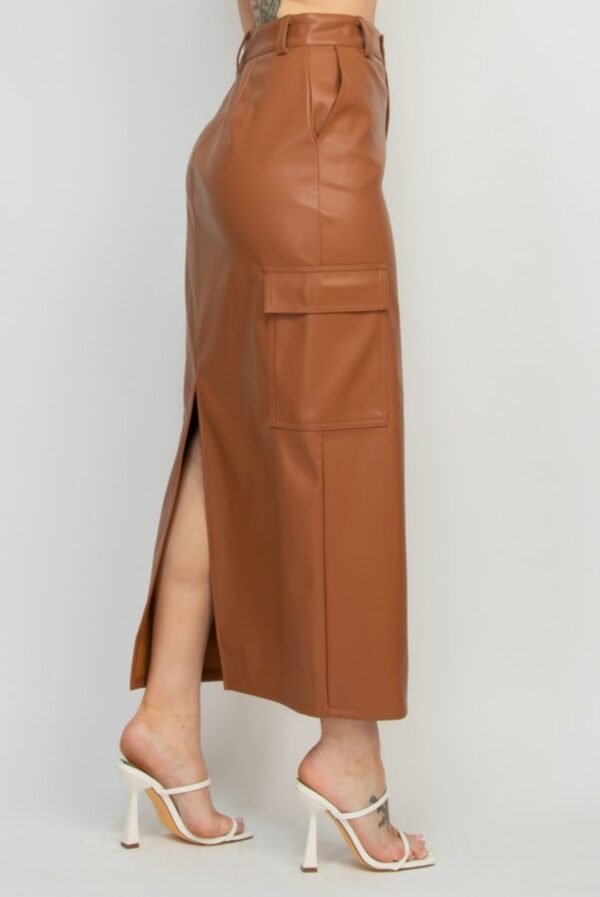 Faux Leather Long Cargo Skirt