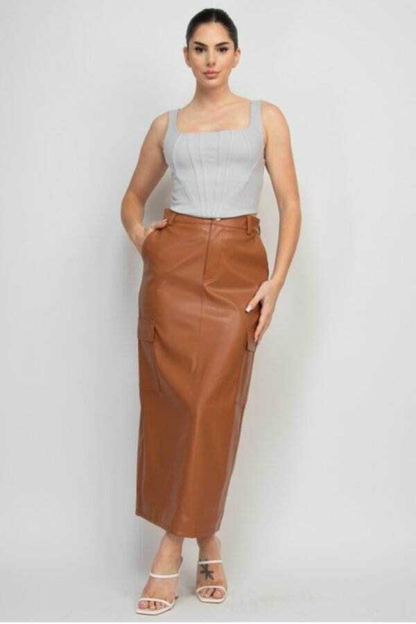 Faux Leather Long Cargo Skirt