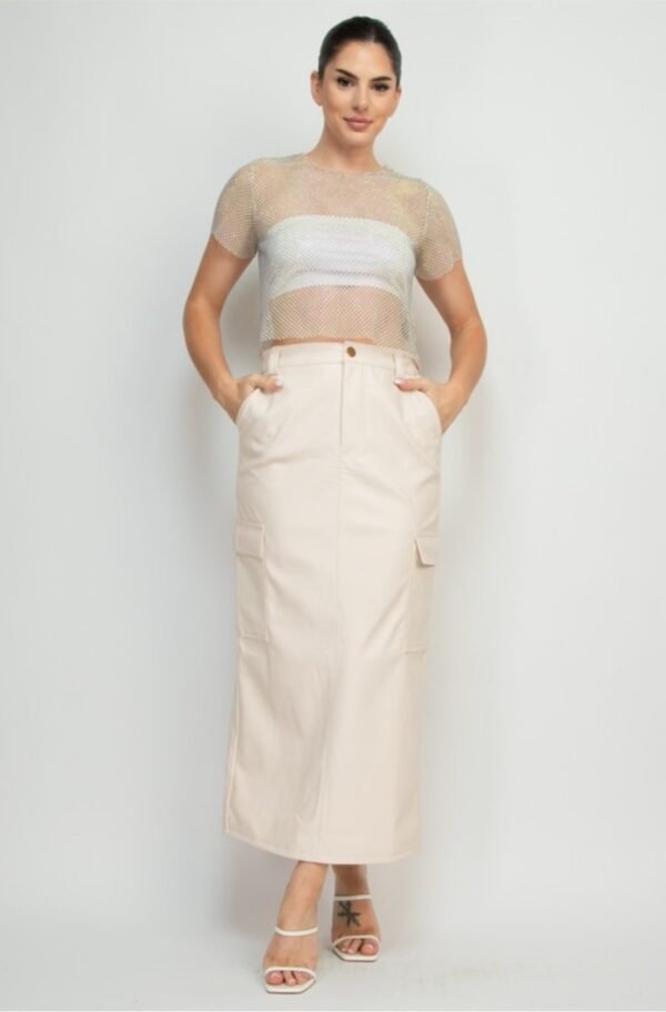 Faux Leather Long Cargo Skirt