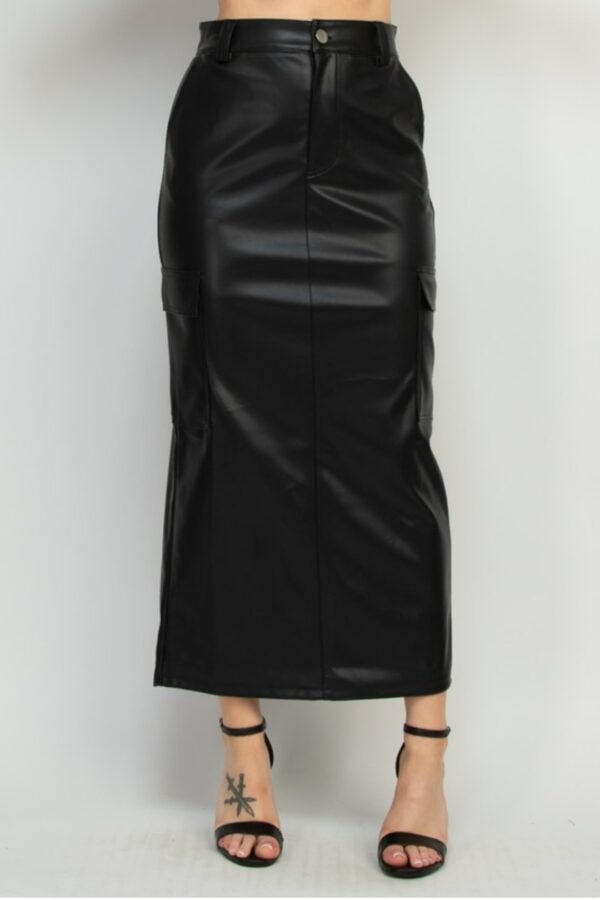 Faux Leather Long Cargo Skirt