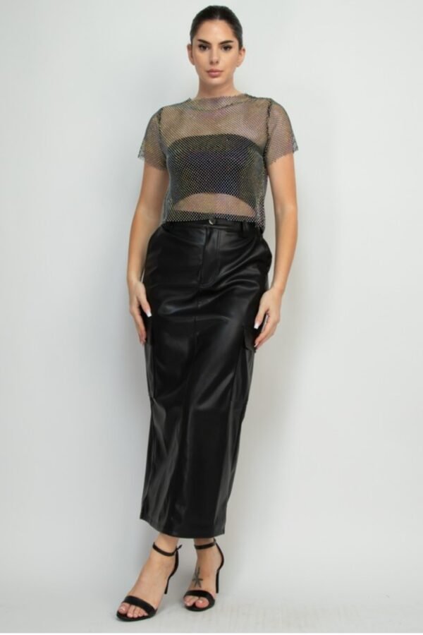 Faux Leather Long Cargo Skirt