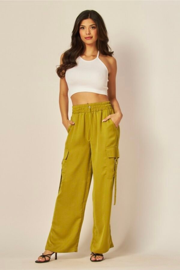 Acid Wash Satin Drawstring Cargo Pocket Pants