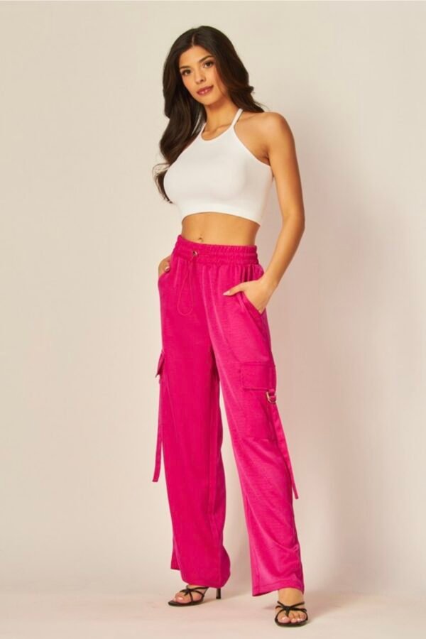 Acid Wash Satin Drawstring Cargo Pocket Pants