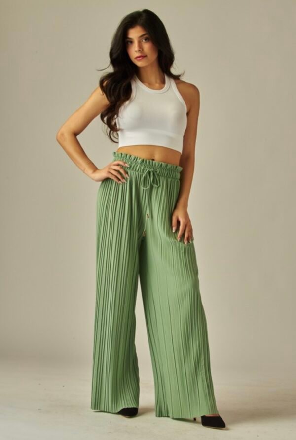 Pleated Paper Bag Drawstring Wide Leg Pants