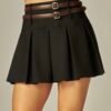 Scuba Double Belted Pleated Mini Skirt Skort