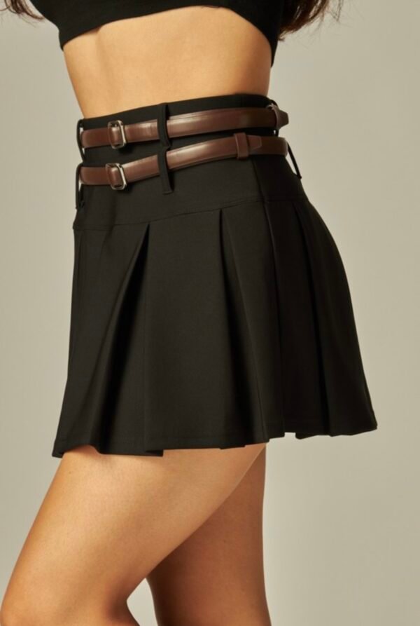 Scuba Double Belted Pleated Mini Skirt Skort