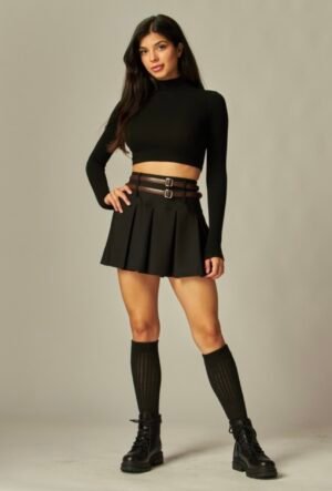 Scuba Double Belted Pleated Mini Skirt Skort