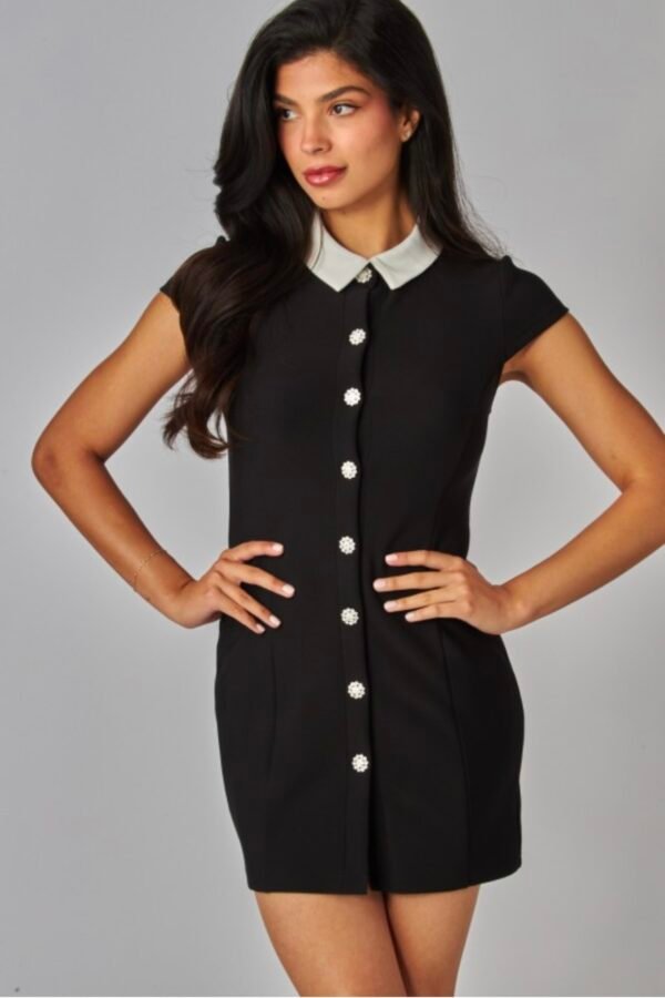Scuba Knit Contrast Collar Pearl Button Mini Dress
