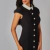 Scuba Knit Contrast Collar Pearl Button Mini Dress
