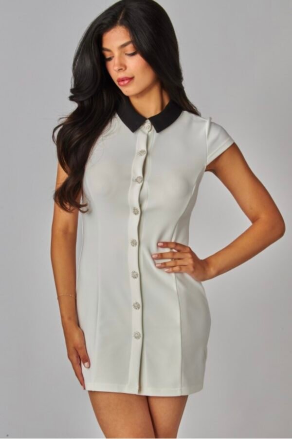 Scuba Knit Contrast Collar Pearl Button Mini Dress