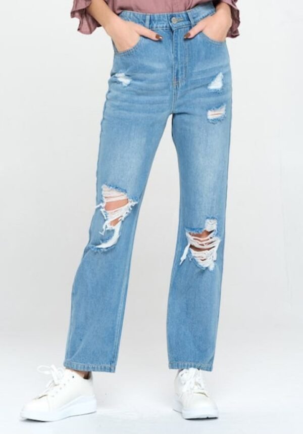 High Rise Ripped Slim Straight Jeans