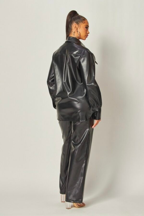 Sleek Faux Leather Button-up Shirt And Pants Set