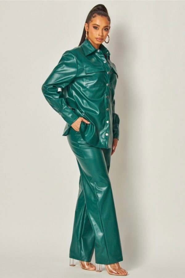Sleek Faux Leather Button-up Shirt And Pants Set