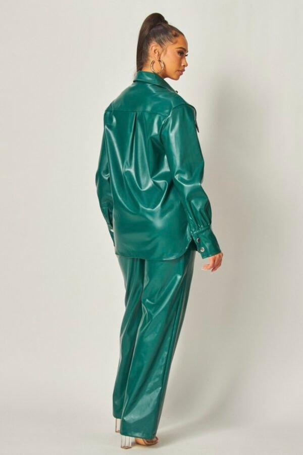 Sleek Faux Leather Button-up Shirt And Pants Set