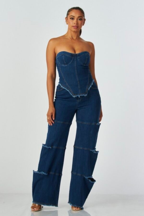 Screenshot Strapless Frayed Seam Deconstructed Denim Set