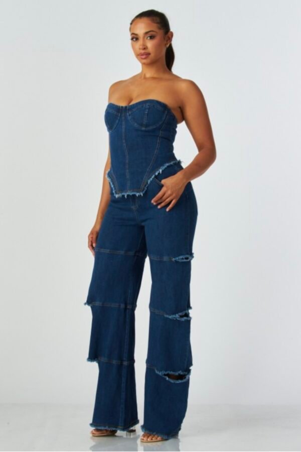 Screenshot Strapless Frayed Seam Deconstructed Denim Set
