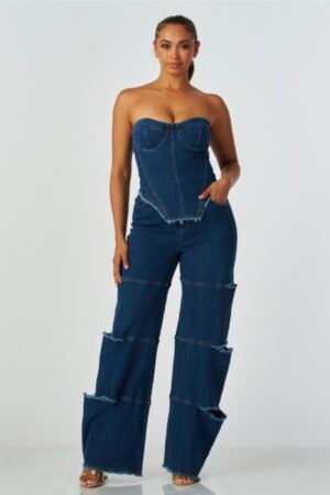 Strapless Frayed Seam Deconstructed Denim Set