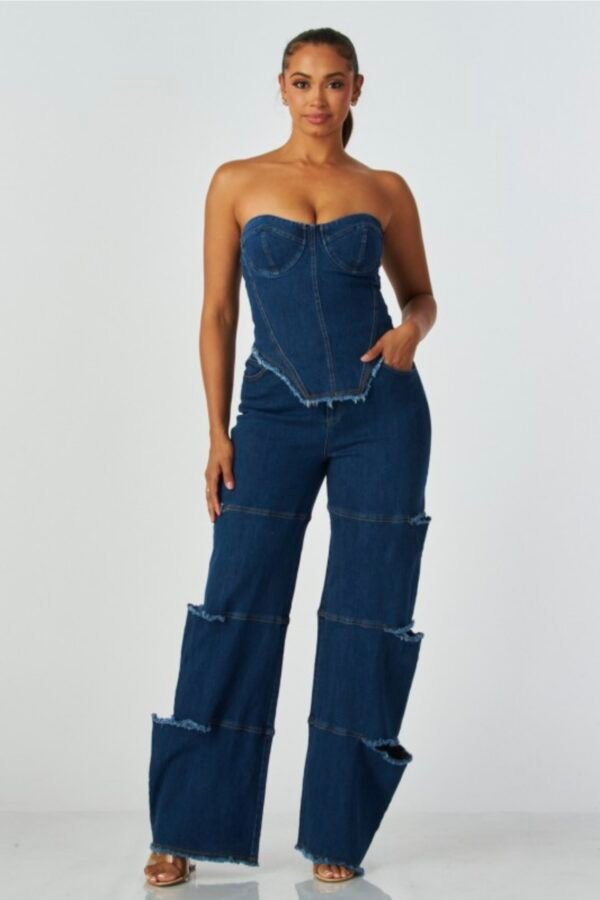 Screenshot Strapless Frayed Seam Deconstructed Denim Set