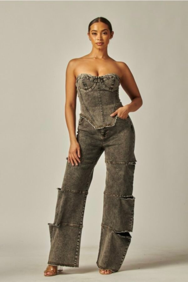 Screenshot Strapless Frayed Seam Deconstructed Denim Set