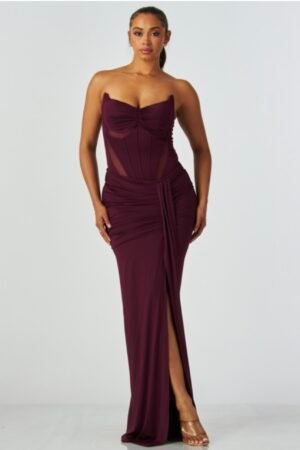 Strapless Mesh Corset High Slit Maxi Skirt Set