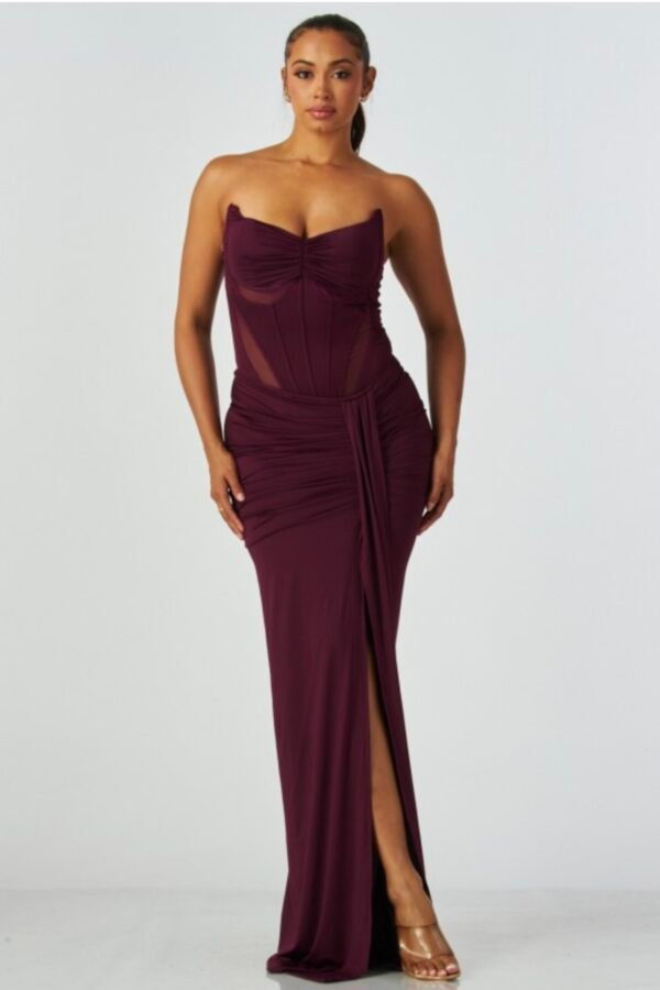 Strapless Mesh Corset High Slit Maxi Skirt Set
