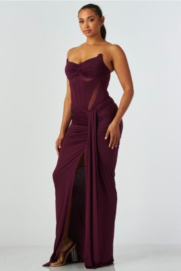 Strapless Mesh Corset High Slit Maxi Skirt Set